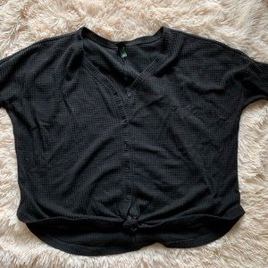 Black waffle knit sweater with tied front